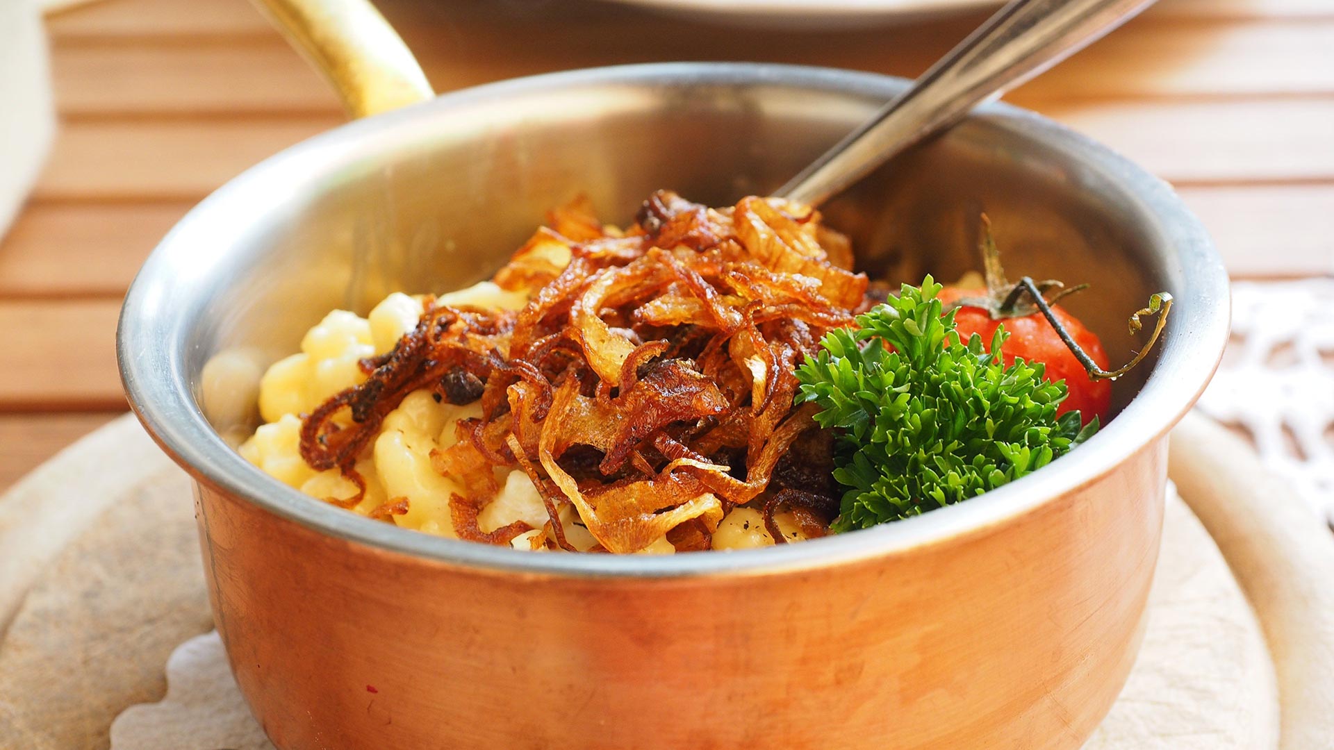 Delicious cheese spaetzle in a pot.