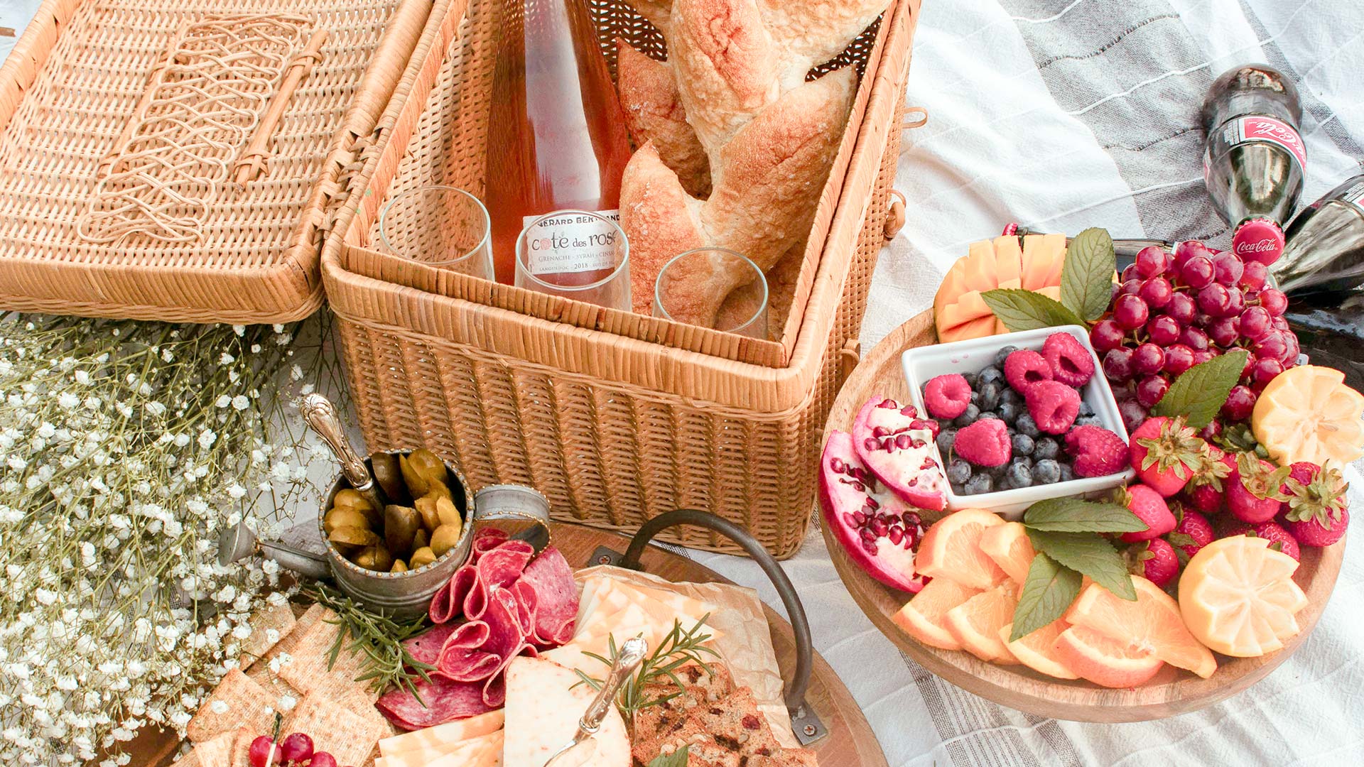 A beautifully prepared picnic with expensive components.